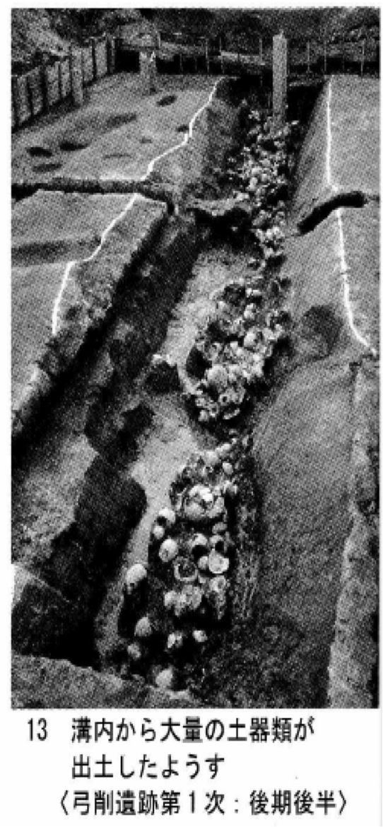 図２：溝内から大量の土器が出土したようす（弓削遺跡）