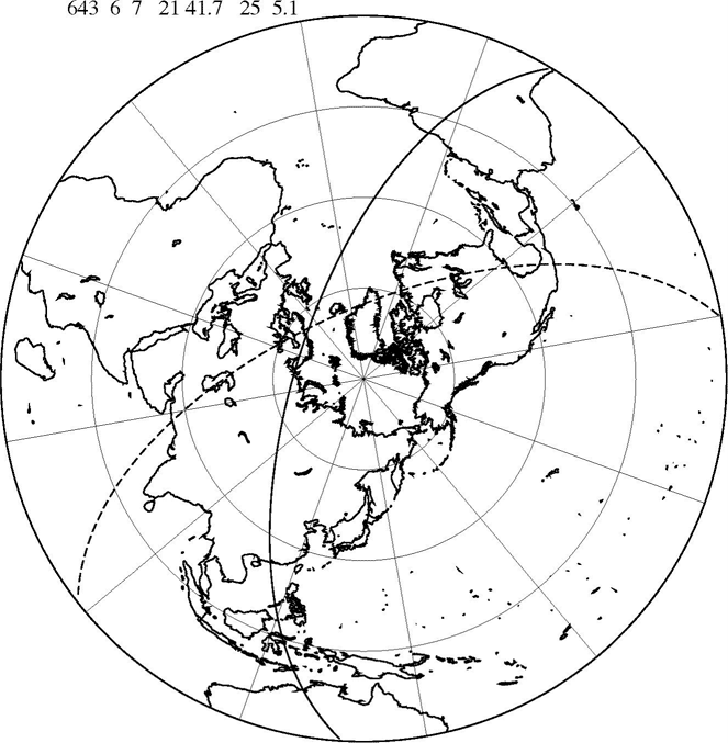 図１、西暦六四三年六月八日の月食帯。