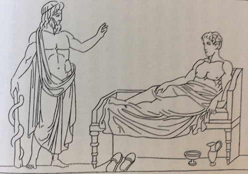 蛇が幕杖を落ち病人助言するアスクレピオス