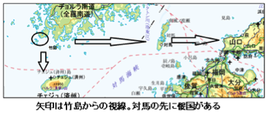 矢印は竹島からの視線。対馬の先に倭国がある