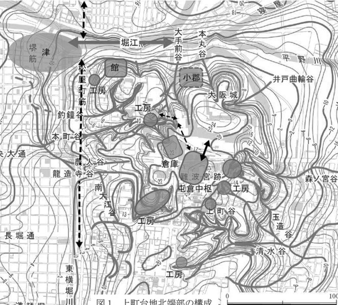 （図1）「古墳時代における都市化の実証的比較研究資料集」９４Ｐ。 「図1上町台地北端部の構成」（南英雄氏による）