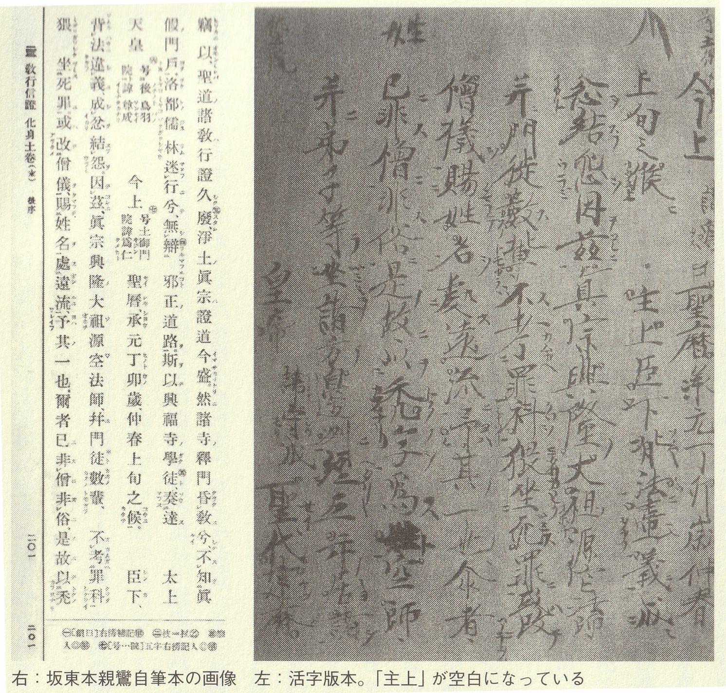 右：坂東本親鸞自筆本の画像　左：活字版本。「主上が空白になっている」