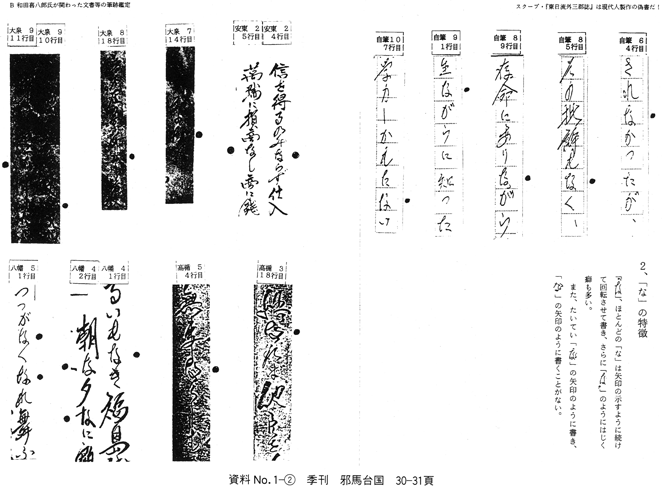 ２、「な」の特徴〈資料No.1-②、季刊邪馬台国51号、P30・P31〉 和田家文書「偽作」説に対する徹底的批判 筆跡学から「偽鑑定」を正す 古田武彦