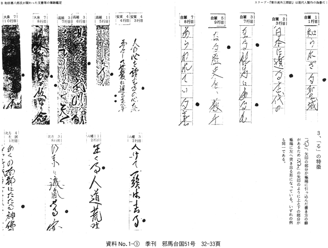 ３、「る」の特徴〈資料No.1-③、季刊邪馬台国51号、P32・P33〉 和田家文書「偽作」説に対する徹底的批判 筆跡学から「偽鑑定」を正す 古田武彦