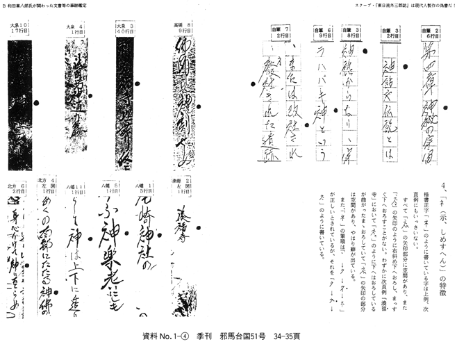 ４、「礻（示、しめすへん）」の特徴〈資料No.1-④、季刊邪馬台国51号、P34・P35〉について 和田家文書「偽作」説に対する徹底的批判 筆跡学から「偽鑑定」を正す 古田武彦