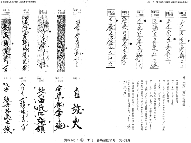 「６、『方』『万』の特徴」〈資料No.1-⑥、季刊邪馬台国51号、P38･P39〉 和田家文書「偽作」説に対する徹底的批判 筆跡学から「偽鑑定」を正す 古田武彦