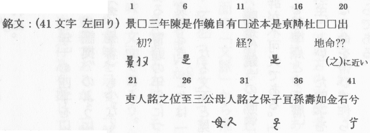 銘文 : (41 文宇 左回り) 景□（初？）三年陳是作鏡自有□（経？）述本是亰沛*杜□□（地命？？）出吏人[言名]之位至三公母人[言名]之保子宜*孫壽如金石兮 調査概要２ 島根県神原神社古墳出土「景□三年」銘銅鏡の鈕 調査概要2000年6月 古田武彦 藤田友治 谷本茂 『新・古代学』 第５集 ２００１年 新泉社